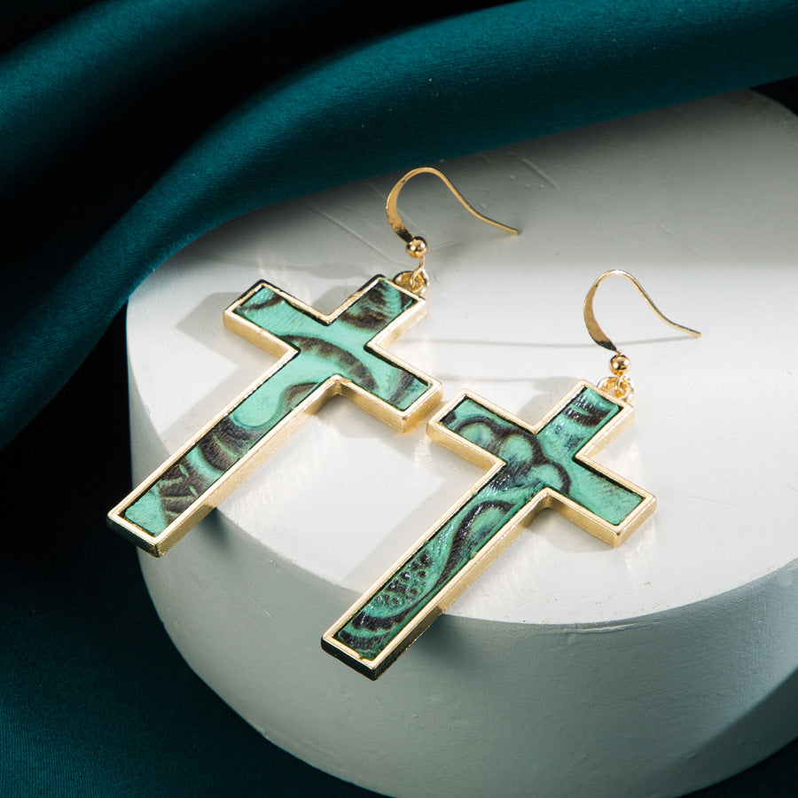 Wholesale Bohemian Gold Plated Leopard Leather Cross Earrings